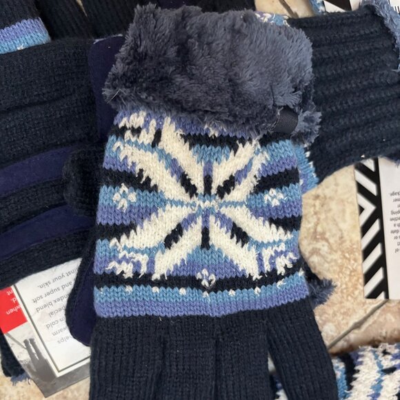 ISOTONER Women Classic Knit Lined Snowflakes Navy Blue Gloves One Size - Picture 2 of 3